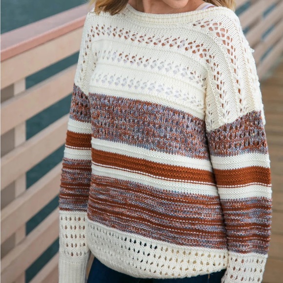 Two Toned Textured Striped Color Block Sweater, Sz Small, cream/brown/blue tones - Picture 6 of 9